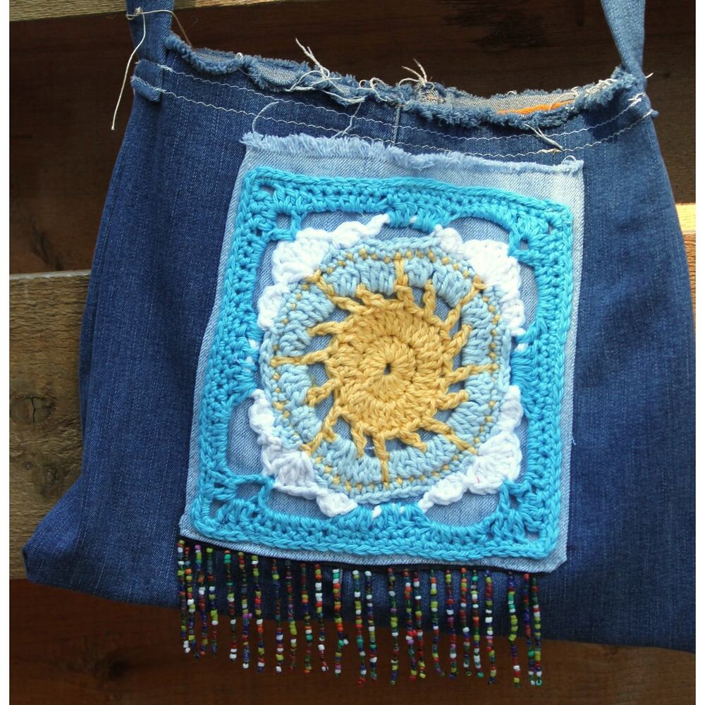 Denim Purse w/ Crochet Sun Motif & Beads- Handmade